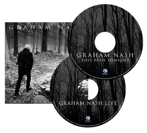 This image is the album cover for Graham Nash's album This Path Tonight. It is accompanied by an overlay of the cd's from this dual disc album. The cds have a forest on them and say Graham Nash This Path Tonight